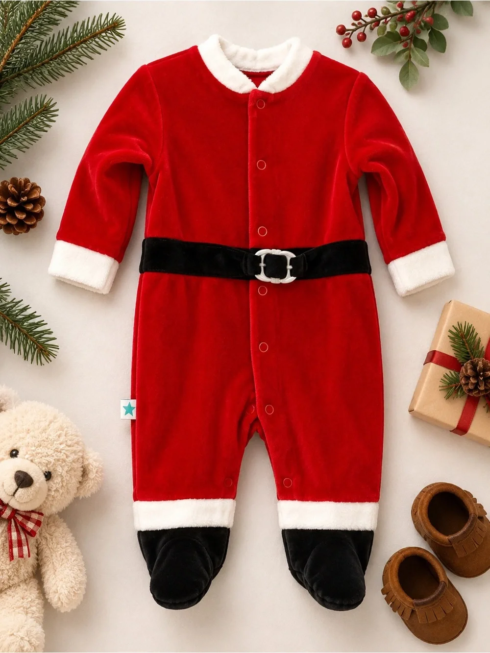 Baby Santa Claus Christmas Velour Footed Romper Costume 9 Months Red Black